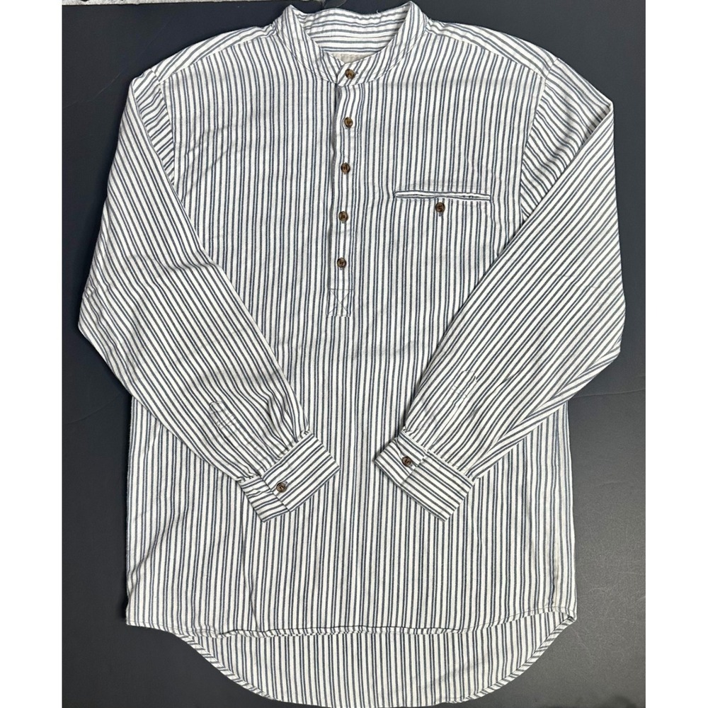 Stauer Men Grandfather Shirt Blue White pinstripe Cotton flannel Large